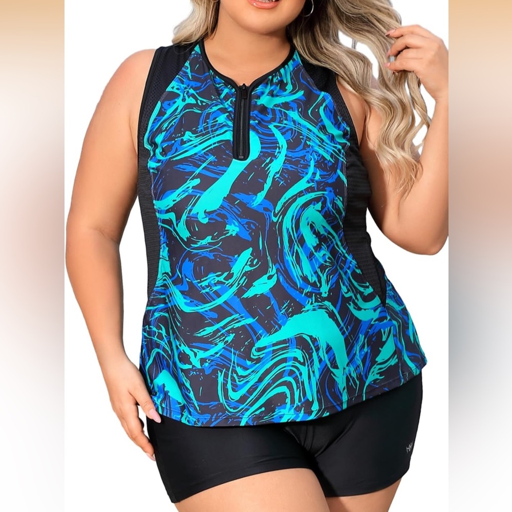 Angel Season Plus Size Blue & Teal Swirl Zip-Front Swim Tank & Short Set
